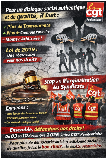 Affiche : pour un dialogue social authentique et de qualité, votez CGT Pénitentiaire (cliquer pour agrandir)